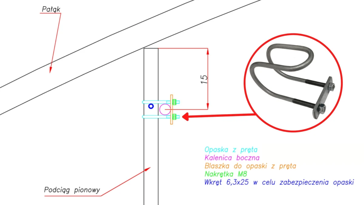 Opaska z pręta 35mm x 3/4″ (35x26,9 mm) z nakrętkami 8 mm i blaszką - obrazek 2